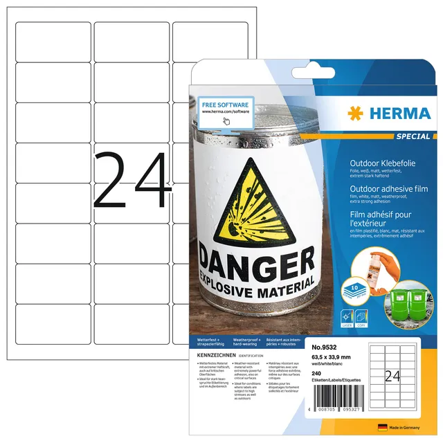 Herma Etiket HERMA 9532 63.5x33.9mm weerbestendig wit 240 stuks