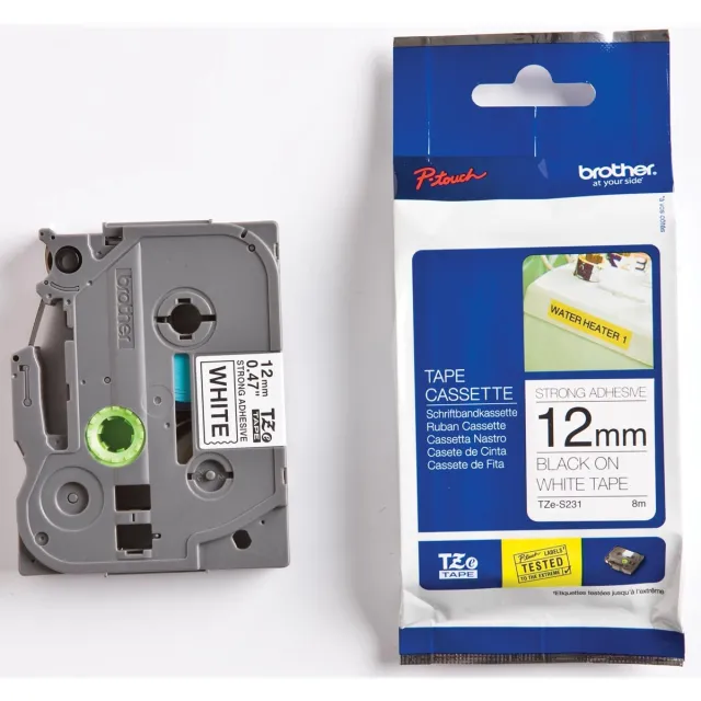 Brother TZ-S231 12mm - black on White - extra sitcky (8m) Zwart op wit