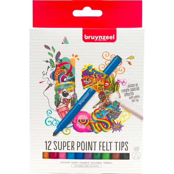 Bruynzeel Viltstift Bruynzeel Super Point met witte wisstift assorti 12 stuks