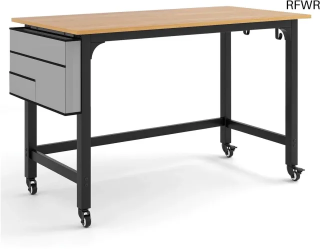 RFWR Bureau op Wieltjes met Metalen Frame - Laptop Tafel met Haken en Opbergruimte houtkleuren