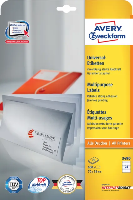 Avery Zweckform Etiket Avery 3490 70x36mm wit 600 stuks