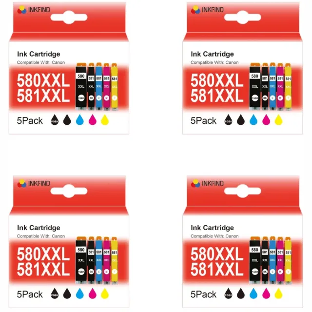 INKFIND 580XXL 581XXL voor Canon580 Canon581 PGI580 CLI581 inktcartridge van 20 stuks (4 x 5pack= 4 x Zwart, 4 x Photo Zwart, 4 x Cyaan, 4 x Magenta, 4 x Geel) voor Canon PIXMA TS705 TR7550 TR8550 TS6150 6151 TS6250 6251 Zwart x 8, CYAAN x 4, MAGENTA x 4, GEEL x 4