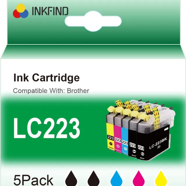 INKFIND LC223 inktcartridge geschikt voor Brother LC223 BrotherLC223 Brother LC-223 (2 x zwart, 1 x cyaan, 1 x magenta, 1 x geel) multipack 5 stuks voor Brother MFC J5320DW J4120DW J4420DW J880DW J480DW J4620DW J5620DW J680DW J5625DW J4625DW J5720DW Zwart x 2, CYAAN x 1, MAGENTA x 1, GEEL x 1