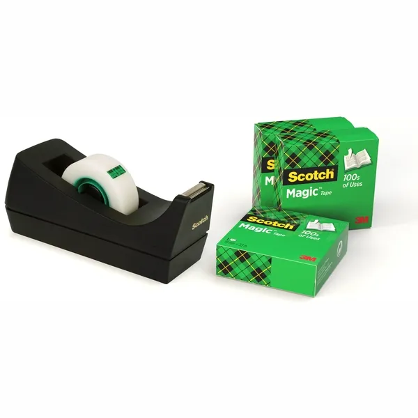 Plakbandhouder Scotch C38 zwart + 4 rollen magic tape 19mmx33m