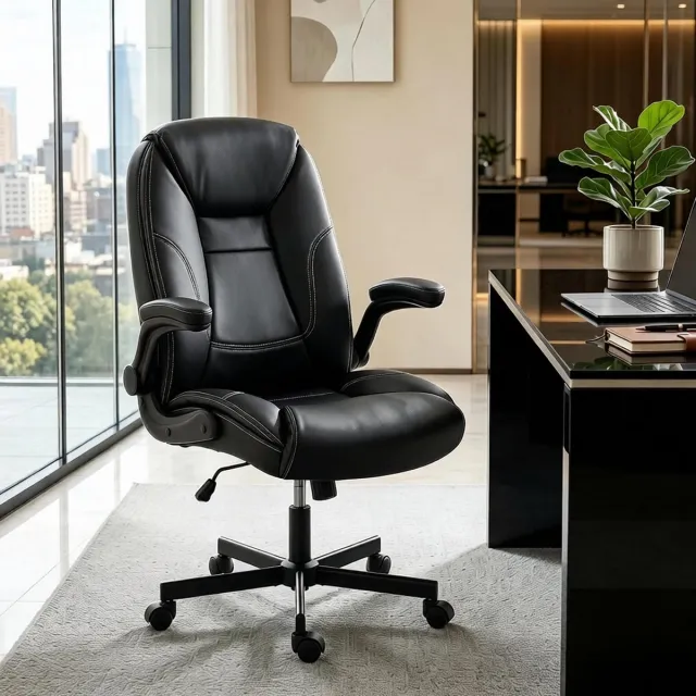 FloraGrace Bureaustoel 69,5 x 77 x 106-116 cm - Ergonomisch Met Opklapbare Armleuningen en Kantelbare Rugleuning - Voor Thuis en Kantoor - Kunstleer - Zwart