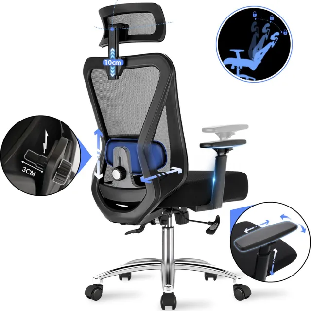 Durrafy Ergonomische Bureaustoel voor Volwassenen – met Verstelbare Hoofdsteun 4D-Lendensteun en 3D-Armleuningen – 90°–135° Kantelfunctie – Office Chair en Computerstoel – Tot 200 kg – Zwart D02