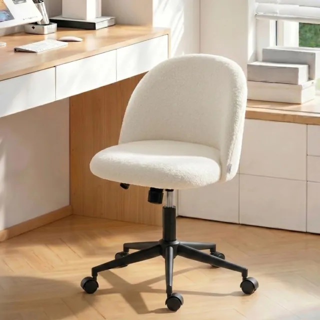 DESMIU Bureaustoel - Teddyfleece - Draaibaar, Verstelbare Hoogte En Wielen - Voor Bureau En Werkplek - Stof - Cream White Crèmewit