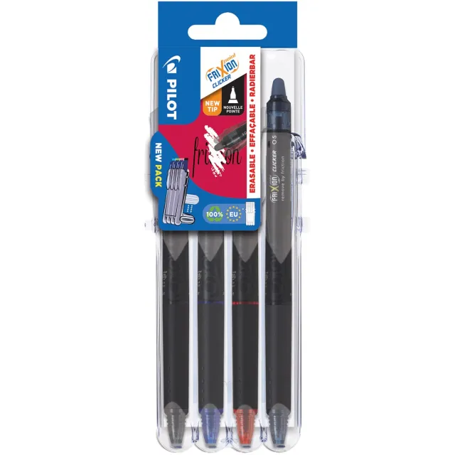 Pilot intrekbare roller FriXion Point Clicker 05 2 Go, fijne punt, blister met 4 stuks blauw
