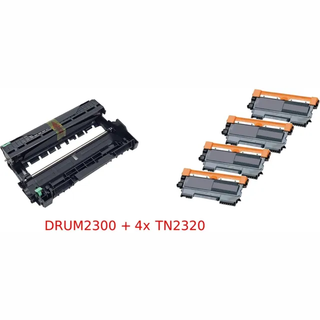 KATRIZ huismerk 1x DRUM DR2300 + 4x TONER TN2320 | Geschikt voor Brother DCP L2500D/DCP L2540DN/HL-L2300D/HL-L2320D/HL-L2340DW/HL-L2365DW/FC L2700DW/MFC L2740DW | 5 stuks Zwart