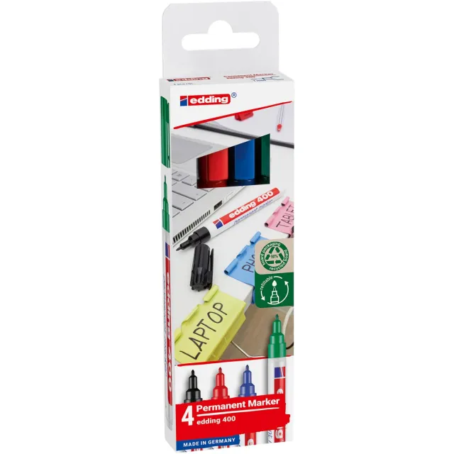 Edding permanent marker 400, geassorteerde kleuren, blister van 4 stuks blauw