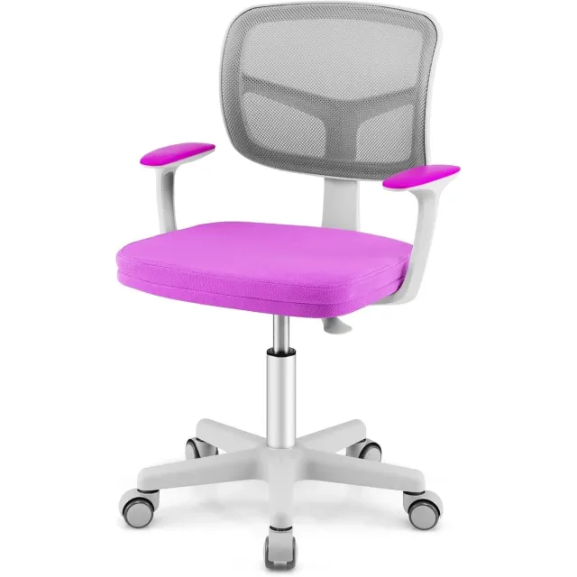 KOMFOTTEU Bureaustoel voor kinderen - in hoogte verstelbare kinderdraaistoel - zithoogte 40-54 cm - kinderbureaustoel met rugleuning, armleuningen - ergonomische jeugddraaistoel voor 3-10 jaar Dieppaars, Grijs