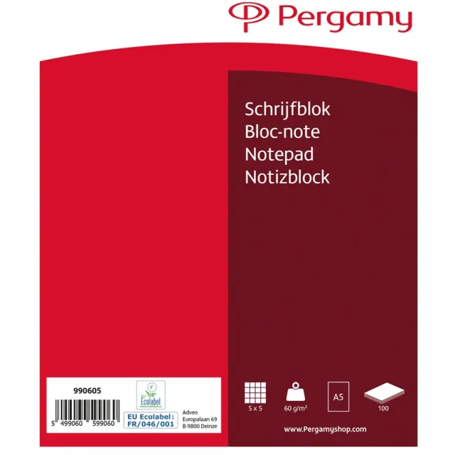 Pergamy schrijfblok, 60 g/m², ft A5, 100 vel, geruit 5 mm wit