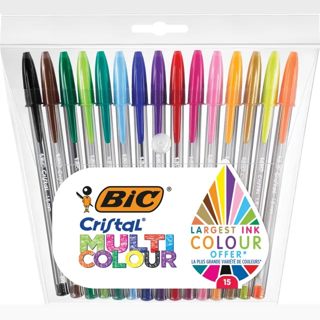 Bic balpen Cristal Multicolour, etui van 15 stuks in geassorteerde kleuren blauw
