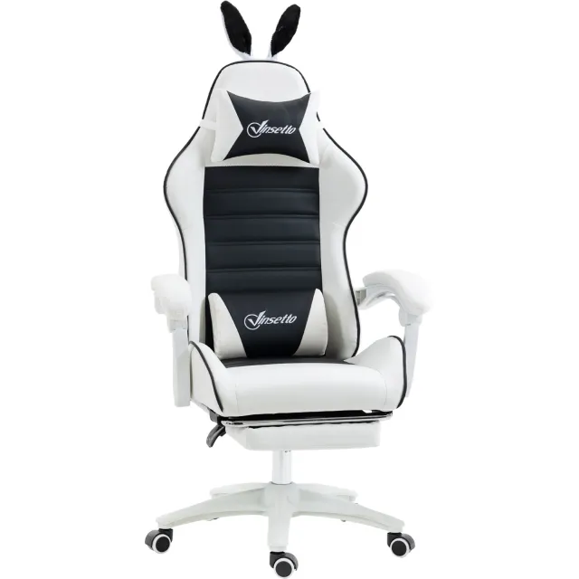 MUVANO Zwarte gamestoel met konijnenoren - uitschuifbare voetensteun - kunstleren bekleding - 65 x 63 x 136-142 cm - verstelbare rugleuning - gaming en kantoor
