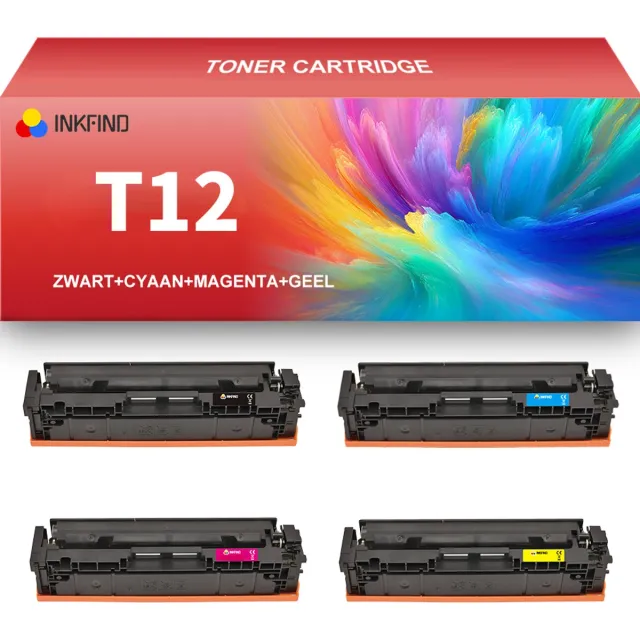 INKFIND T12 Zwart/Cyaan/Magenta/Geel tonercartridge (4 Pack) compatibel met CanonT12 T12 Zwart/Cyaan/Magenta/Geel geschikt voor Canon i-SENSYS X C1330/1333 - 4-pack BKCMY Zwart x 1, Cyaan x 1, Magenta x 1, Geel x 1