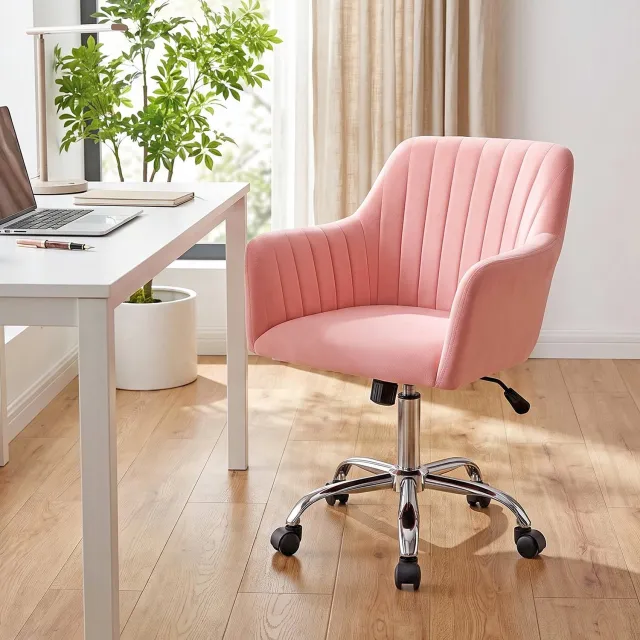 VOWNER Roze fluwelen make-uptafelstoel-In hoogte verstelbaar 81-86 cm-Draaibare bureaustoel met hoogdicht schuimkussen en zilveren metalen basis-360° rollende fluwelen accentstoel-Voor slaapkamer, kleedkamer en studeerkamer-Roze