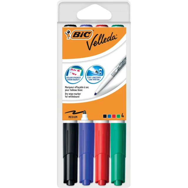 Velleda Bic whiteboardmarker Velleda 1741, in geassorteerde kleuren, etui van 4 stuks blauw