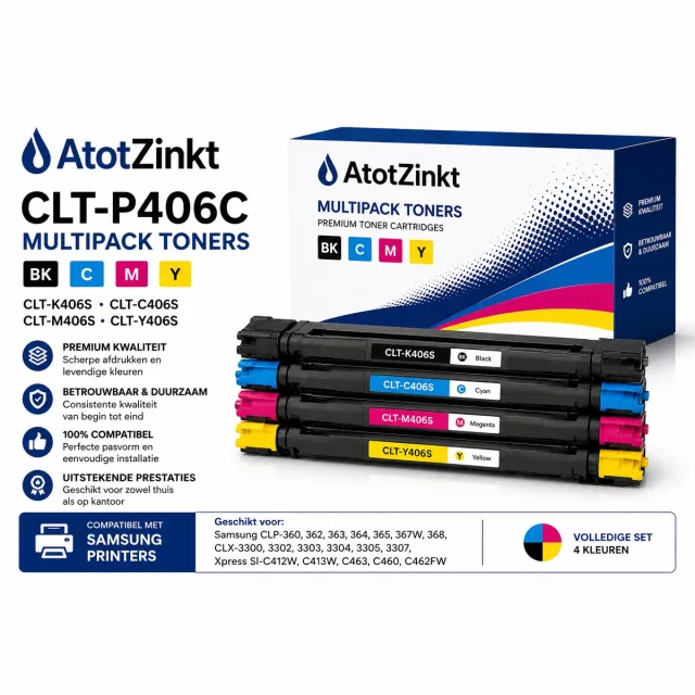AtotZinkt Huismerk Multipack toners voor Samsung CLT-P406C CLT-K406S, CLT-C406S, CLT-M406S en CLT-Y406S Geschikt voor Samsung CLP-360, 362, 363, 364, 365, 367W, 368, CLX-3300, 3302, 3303, 3304, 3305, 3307, Xpress Sl-C412W, C413W, C463, C460, C462FW BK/C/M/Y