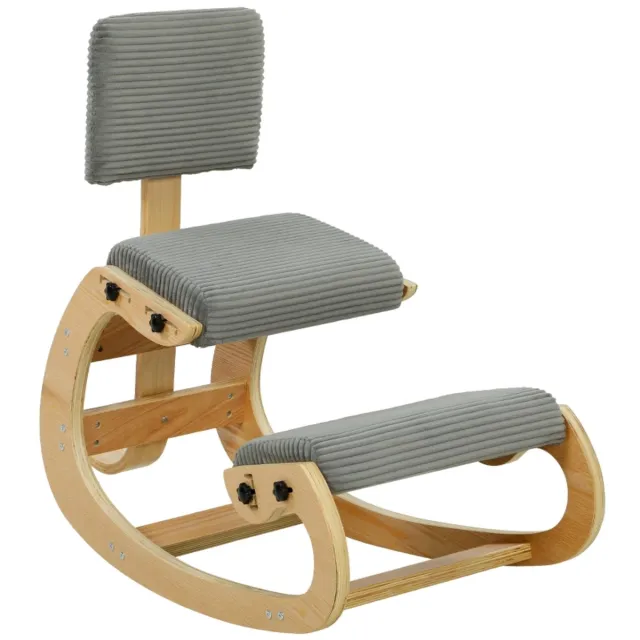MIVRAY Ergonomische Kniestoel 98 x 54 x 86 cm Met Rugleuning En Wipfunctie Voor Thuis En Kantoor Ribstof Hout Donkergrijs