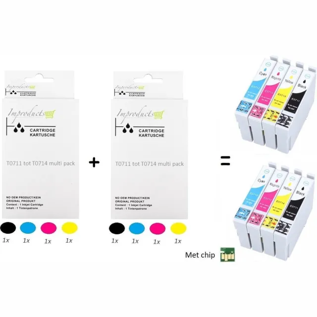 Improducts Inkt cartridges - Alternatief Epson T0711 T0712 T0713 T0714 T0715 2x set Multicolor - Zwart (2x), Cyaan (2x), Magenta (2x), Geel (2x)