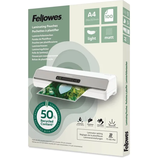 Fellowes lamineerhoes 50 % gerecycleerd, mat, ft A4, pak van 100 stuks