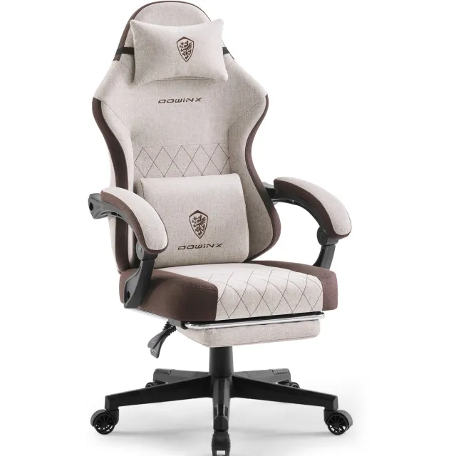 Dowinx Ergonomische Bureaustoel / Gamingstoel – Pocketveren Zitkussen – Dubbel gevoerde Rugleuning & Verstelbaar Lendenkussen – Met Armleuningen en Voetensteun – PU-leer – Bruin
