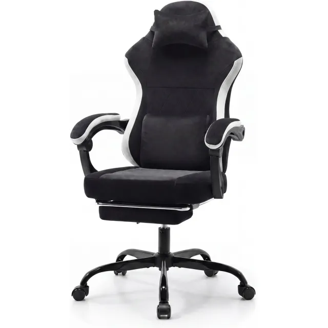 CHICFURN Gamingstoel - Verstelbare zithoogte - Met hoofdsteun en voetensteun - Zwart en wit Zwart, wit