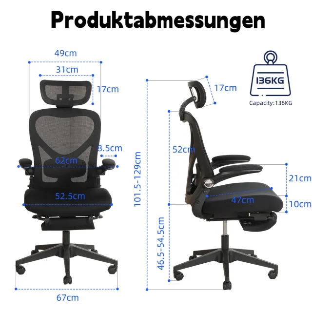 MEUNIQ Ergonomische bureaustoel zwart met opklapbare rugleuning en armleuningen, verstelbare hoofdsteun, lendensteun en ademende mesh rugleuning