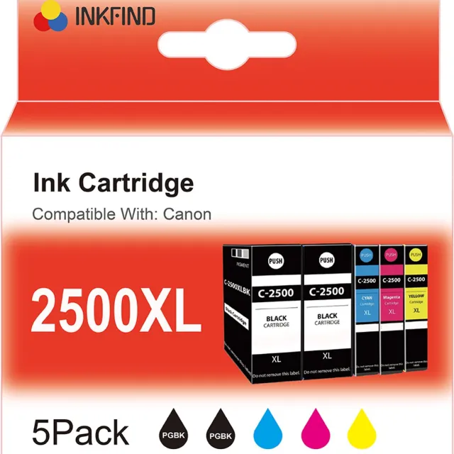 INKFIND 2500XL inktcartridge voor Canon PGI2500 PGI-2500 2500XL inktcartridge multipack 5 stuks (Zwart x 2, Cyaan x 1, Magenta x 1, Geel x 1) geschikt voor Canon Maxify IB4050 IB4150 MB5050 MB5150 MB5155 MB5350 MB5450 MB5455