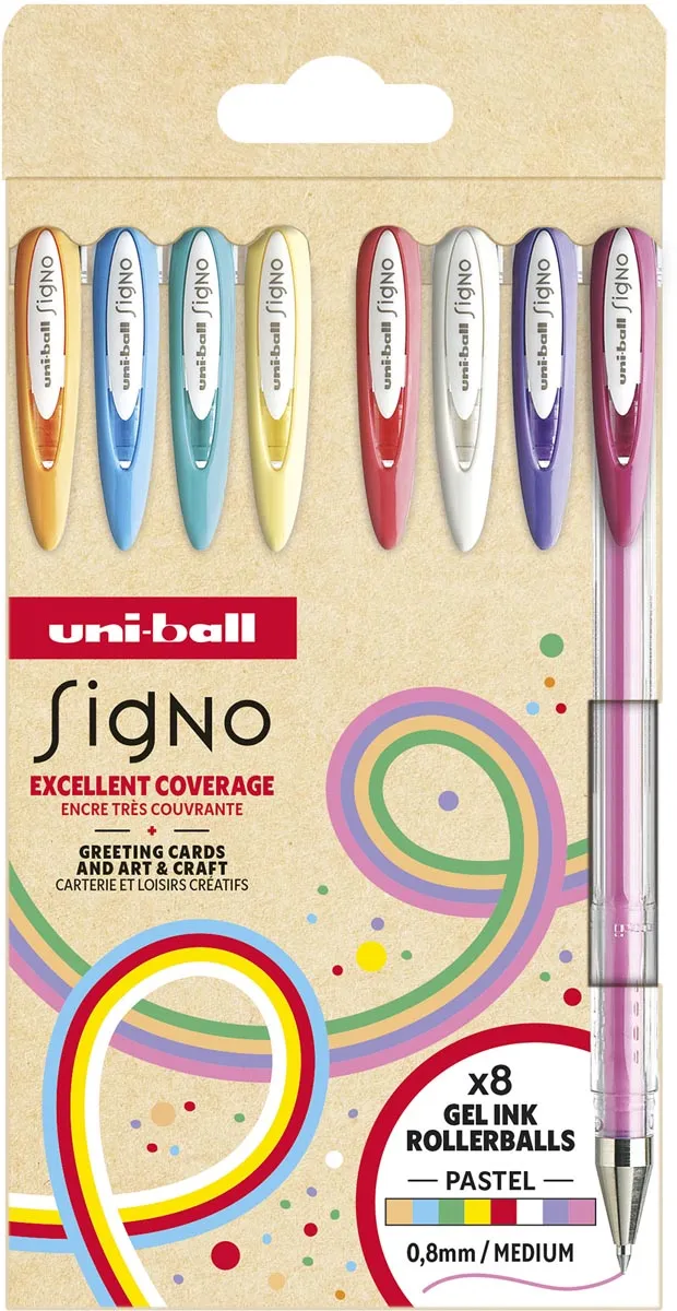 Uni-ball roller Signo Pastel, medium punt, geassorteerde kleuren, etui van 8 stuks blauw