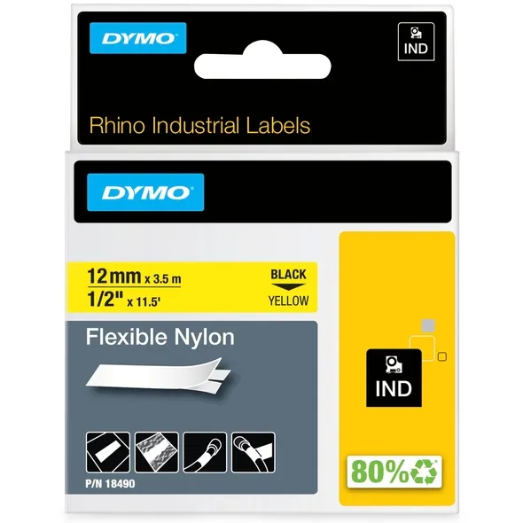 Dymo Labeltape Dymo Rhino industrieel nylon 12mm zwart op geel
