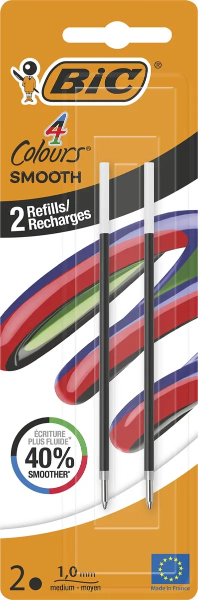 Bic vulling voor balpen 4 Colours Smooth, medium, blister van 2 stuks, zwart