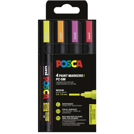 Paintmarker Uni POSCA PC5M medium fluor assorti set à 4 stuks
