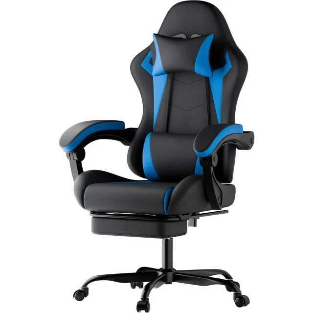 Zubaliya Bureaustoel Ergonomisch Gamestoel - Rugondersteuning - Ademend PU Leder - Tot 200 kg Draagkracht Zwart + Blauw