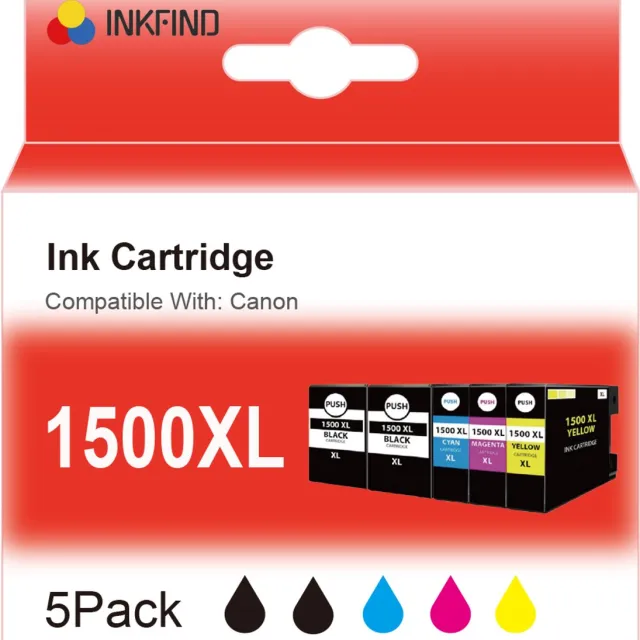 INKFIND 1500XL inktcartridge voor Canon PGI1500 PGI-1500 1500XL inktcartridge multipack 5 stuks (Zwart x 2, Cyaan x 1, Magenta x 1, Geel x 1) geschikt voor Canon Maxify MB2050 Canon Maxify MB2150 Canon Maxify MB2350 Canon Maxify MB2750 Maxify MB2755