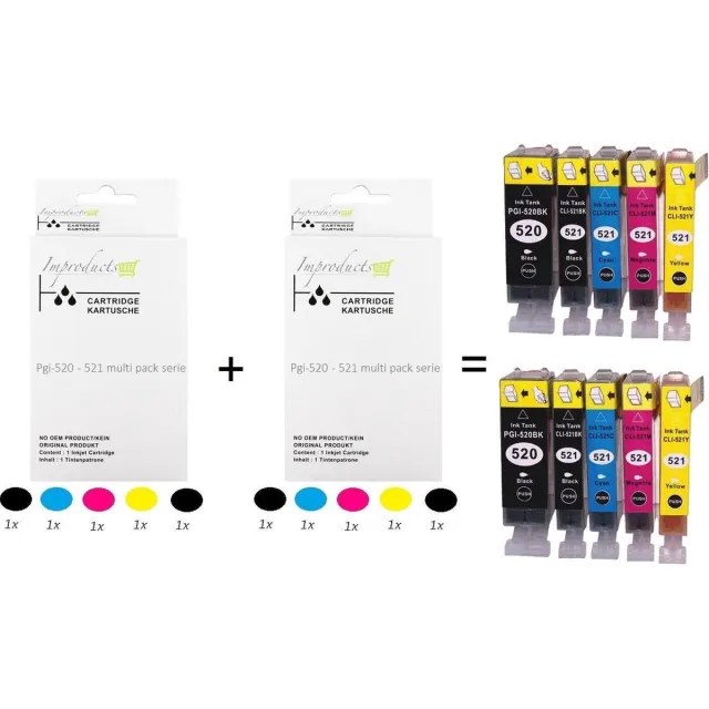 Improducts Inkt cartridges - Alternatief Canon PGI-520 / CLI-521 XL 10 box Multicolor - Zwart (2x), Cyaan (2x), Magenta (2x), Geel (2x) + Zwart foto (2x)