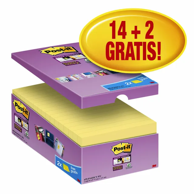 Post-It Memoblok Post-it 655 Super Sticky 76x127mm geel 14+2 gratis