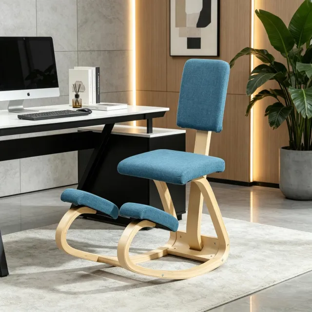 MIVRAY Ergonomische Knielstoel 51 x 84 x 93 cm - Met Rugleuning en Wiegmechanisme - Voor Kantoor en Thuiswerken - Hout en Stof Donkerblauw