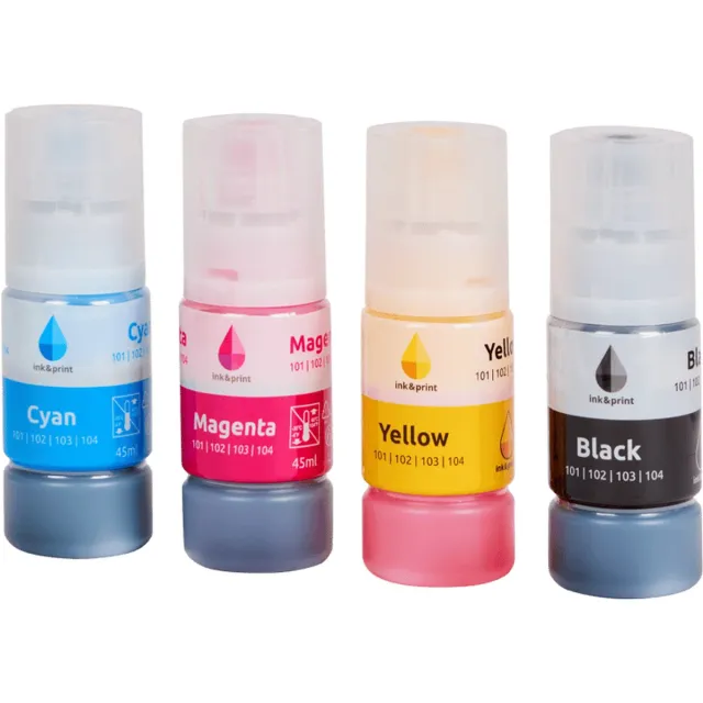 ink&print Ecotank Inkt Flesjes |Cartridges| inkt voor de Epson EcoTank |Inkt bijvul flesjes 4 kleuren|Geschikt voor Epson printer inkt|101|103|104|102|L1110 L3210 ET-1810 ET-2811 ET-2700 ET-4750 ET-2710 ET-2812 ET-2750 ET-4850 L1210 L3211 ET-2711 ET-2814 L1250 Zwart/Geel/Cyan/ Magenta