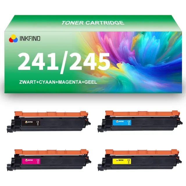 INKFIND TN241/TN245 tonercartridge (extra hoge capaciteit) multipack van 4 stuks (Zwart+Cyaan+Magenta+Geel) compatibel met Brother TN241 245 TN-241BK/TN-245C/245M/245Y voor Brother HL-3140CW/3150CDW/3170CDW/MFC-9130CW/9140CDN/9330CDW/9340CDW - 4-pack Zwart x 1, Cyaan x 1, Magenta x 1, Geel x 1