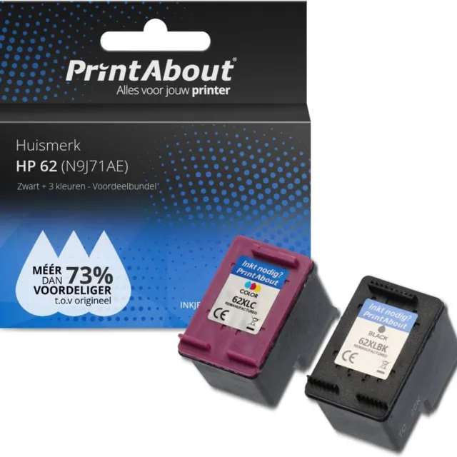 PrintAbout Huismerk HP 62 (N9J71AE) Inktcartridge Zwart + 3 kleuren Voordeelbundel