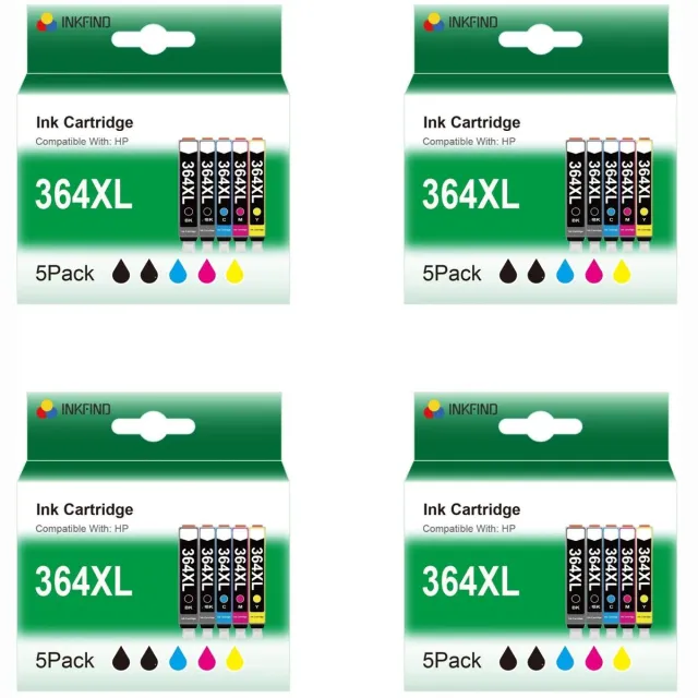 INKFIND 364XL voor HP364 HP 364 HP364X HP 364XL inkt van 20 stuks (4 x 5pack= 8 x Zwart, 4 x Cyaan, 4 x Magenta, 4 x Geel) voor HP Photosmart 5510, 5514, 5515, 5520, 5522, 5524, 5525, 6510, 6520, 6525, 7510, 7520, C6380, D5460 Zwart x 8, Cyaan x 4, Magenta x 4, Geel x 4