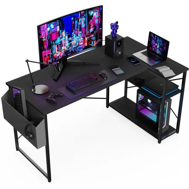 Unyqoos L-vormig multifunctioneel bureau met ruime opbergmogelijkheden voor gaming en werk, zwart