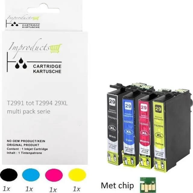 Improducts Inkt cartridges - Alternatief Epson 29XL / 29 XL 4 stuks v4 Multicolor - Zwart (1x), Cyaan (1x), Magenta (1x), Geel (1x)