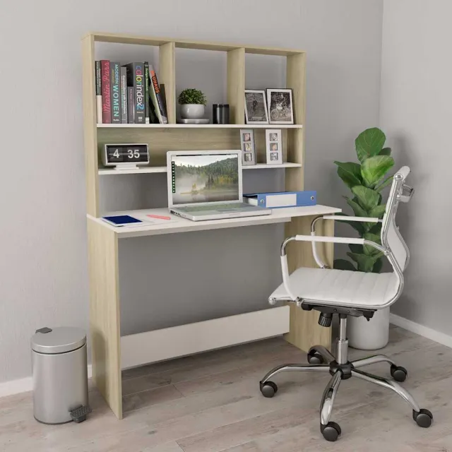 vidaXL Bureau met schappen 110x45x157cm bewerkt hout wit en eikenkleur, foto 2