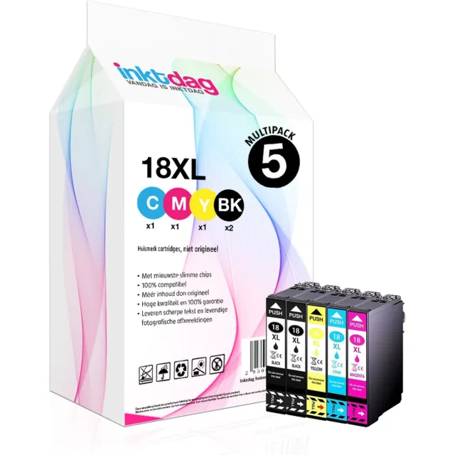 inktdag inktcartridge voor Epson 18XL, multipack van 5 kleuren (2*BK, C, M en Y) voor Epson Expression Home XP202, XP205, XP30, XP302, XP305, XP402, XP405, XP412, XP415, XP315, XP312, XP215, XP212, XP225, XP322, XP422, XP425, XP325, XP222 2 x Zwart ( 17 ml)