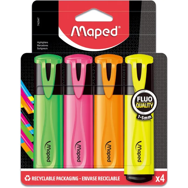 Maped markeerstift Fluo'Peps Classic etui van 4 stuks: geel, oranje, roze en groen