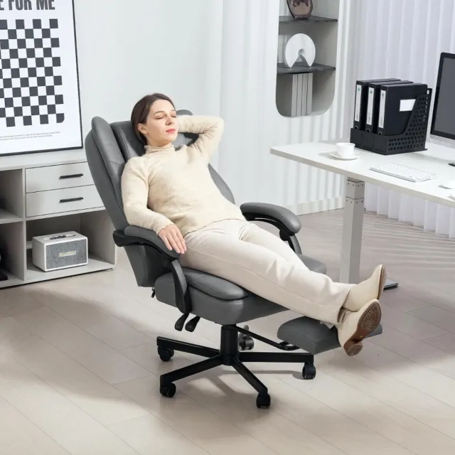 MIVRAY Bureaustoel 64 x 69 x 112-120 cm - Met Massagefunctie En Uitschuifbare Voetsteun - Voor Kantoor En Studie - Microvezel Grijs