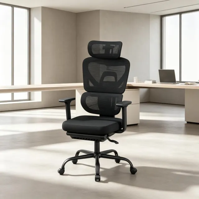OKWISH Bureaustoel - Ergonomische Draaistoel met Hoofdsteun en Verstelbare Armleuningen - Voor Thuiswerken en Spelen - Gaas - Zwart