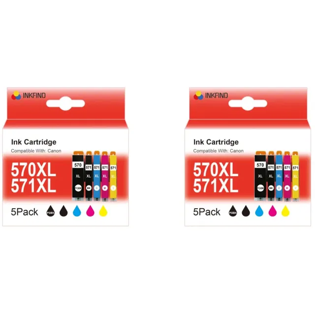 INKFIND 570XL 571XL inktcartridge voor Canon 570XL 571XL PGI570XL CLI571XL PGI-570XL CLI-571XL inktcartridge multipack 10 stuks (2*5pack = foto Zwart x 2, Zwart x 2, Cyaan x 2, Magenta x 2, Geel x 2)